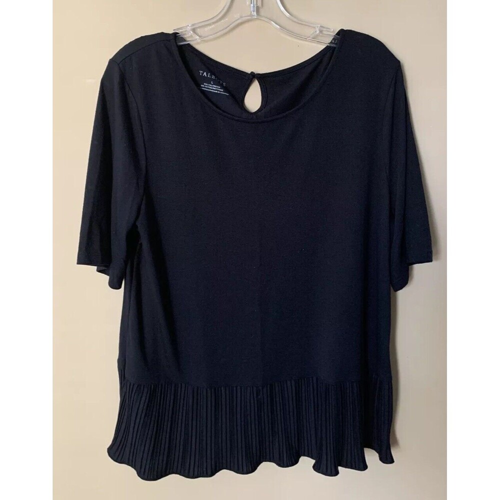 TALBOTS Top Blouse Sz Large Black Short Sleeve Keyhole Button Hemline Detail B6